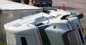A semi-truck has overturned on the side of the road, with its trailer partially visible and a traffic cone placed nearby.
