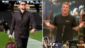 The image shows two individuals: one dressed in a pinstripe suit walking on a sports field, and the other standing at a desk with a cityscape background, gesturing with their hands.