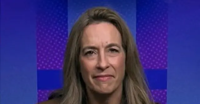 The image shows a person with long hair against a blue and purple background.