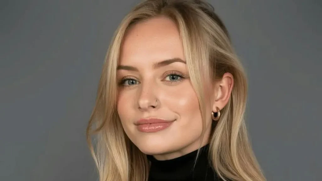 The image shows a person with blonde hair, wearing a black top and small hoop earrings, against a plain gray background.