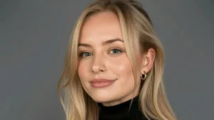 The image shows a person with blonde hair, wearing a black top and small hoop earrings, against a plain gray background.