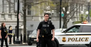 A Secret Service officer stands in front of a police car, with other personnel and vehicles in the background, indicating a security presence in an urban setting.