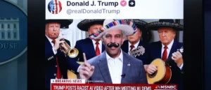 The image shows a news broadcast featuring a satirical meme of Donald J. Trump with a mustache and sombrero, surrounded by other men in suits and sombreros, playing musical instruments.