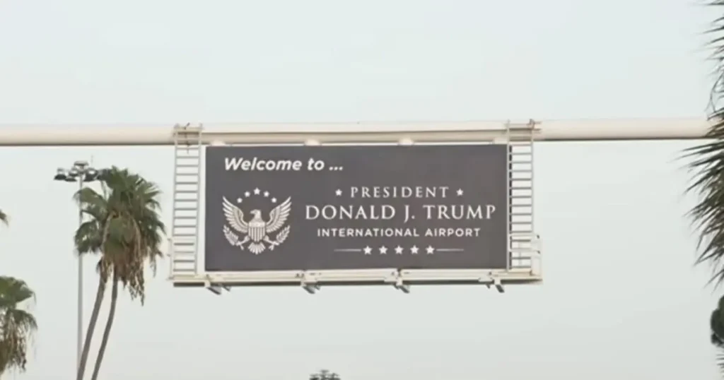 The image shows a sign welcoming visitors to the President Donald J. Trump International Airport.