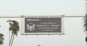 The image shows a sign welcoming visitors to the President Donald J. Trump International Airport.