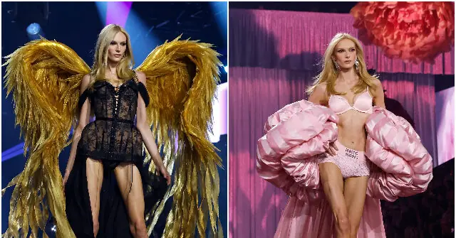 The image shows two models on a runway, one wearing a black outfit with golden wings and the other in a pink ensemble with large puffy sleeves.