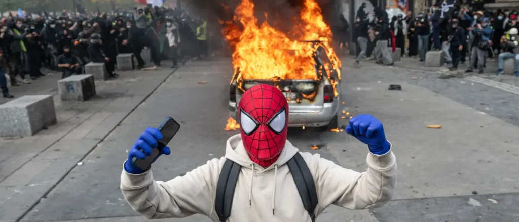 A person wearing a Spider-Man mask and blue gloves raises their fists in front of a burning car during a protest.