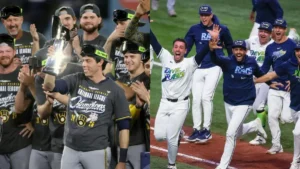 The photo captures the celebratory moments of two baseball teams, one holding a trophy and the other celebrating on the field, both showcasing their victory and joy.