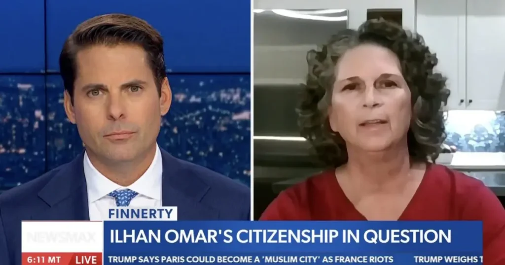 The news photo features a split-screen with a male news anchor on the left and a woman on the right, discussing Ilhan Omar's citizenship status.
