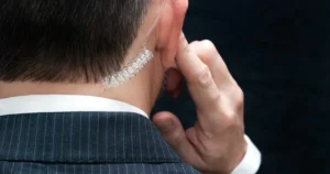 A man in a suit adjusts a clear coiled earpiece, possibly for communication or surveillance.