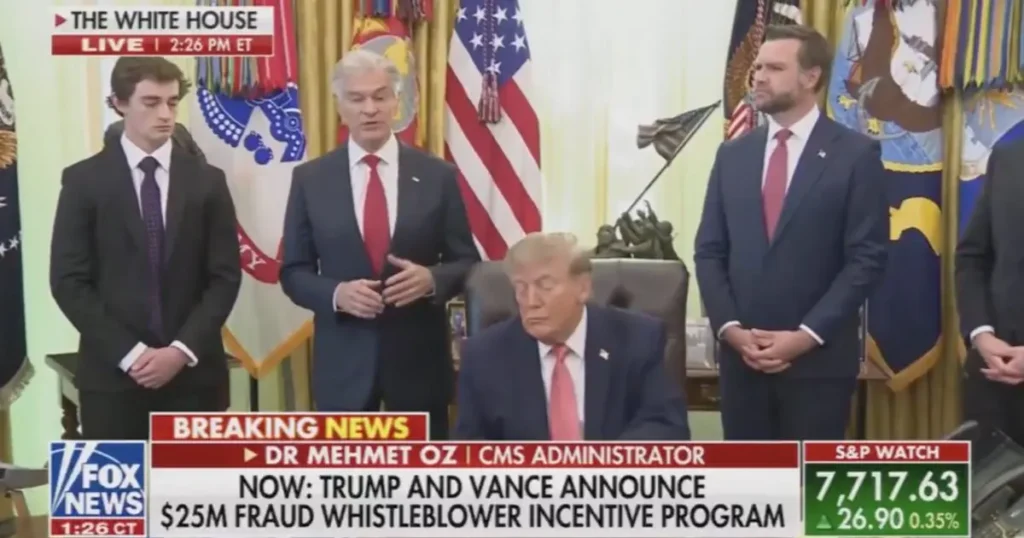 President Trump and CMS Administrator Dr. Mehmet Oz announce a $25M fraud whistleblower incentive program at the White House.
