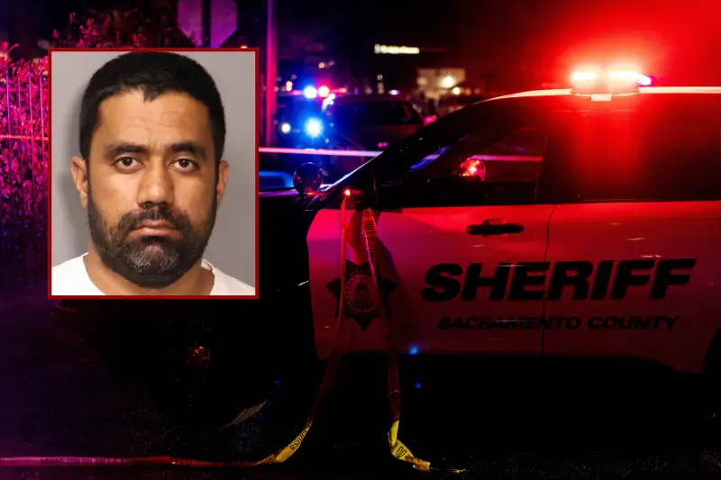 The news photo features a mugshot of a man in the foreground with a police car and crime scene tape in the background, indicating a law enforcement or criminal justice context.