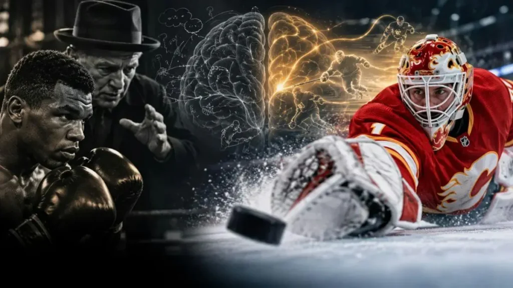 The image juxtaposes a boxer in a boxing ring with a hockey goalie in action, symbolizing the connection between different sports and the brain's neural activity.