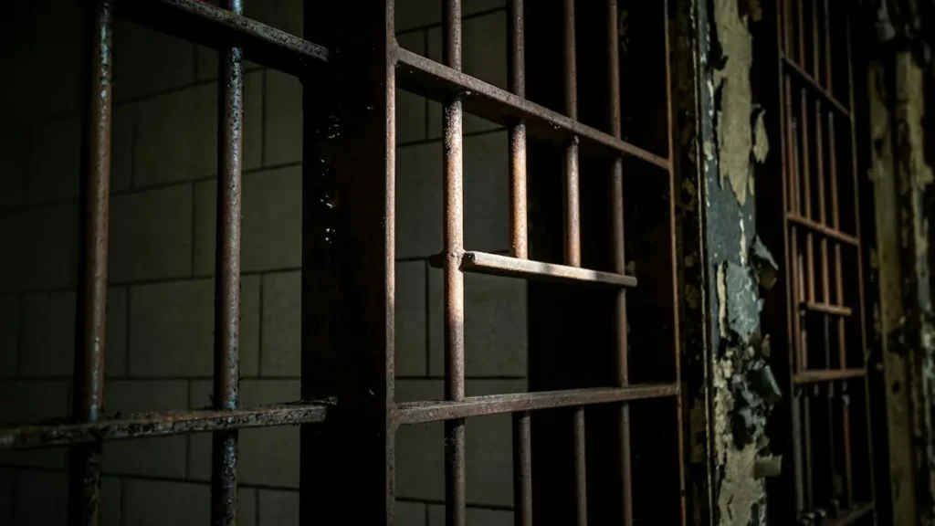 The image depicts a close-up view of rusted metal bars, likely from a prison cell, with peeling paint and a dimly lit background.