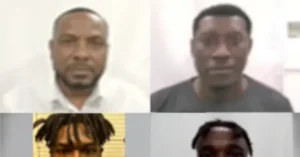 The image shows four individuals in what appears to be mugshots, each in a different setting and attire.