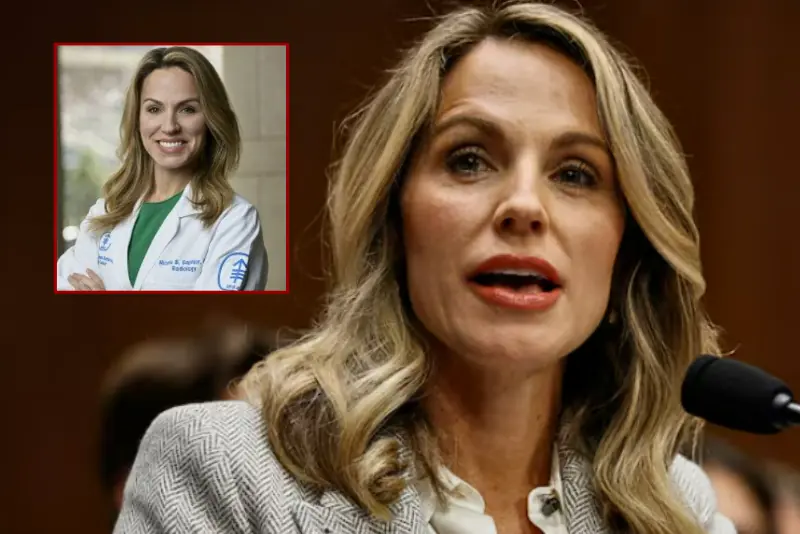 The image shows a woman in a professional setting, possibly giving a speech or testimony, with a smaller inset image of her in a medical coat, suggesting a connection to healthcare or medicine.