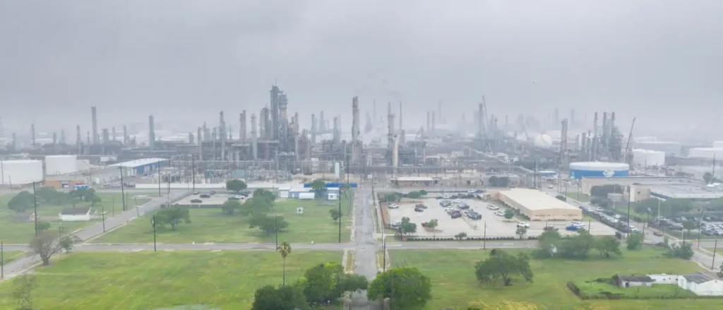 The image shows an industrial complex with numerous tall structures and smokestacks, likely an oil refinery, under a cloudy sky.