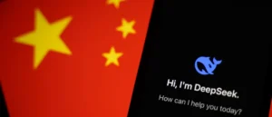 The image shows a Chinese flag alongside a chatbot interface with the name "DeepSeek" and a blue dolphin logo, suggesting a technological or AI-related context.