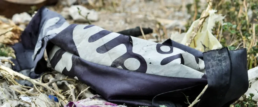 The image shows a discarded piece of fabric with a pattern lying among debris in a natural setting.