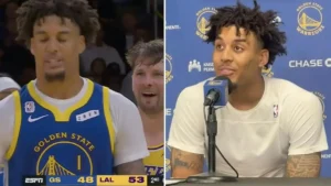 The image shows a basketball player in a Golden State Warriors jersey during a game and in a post-game interview setting.