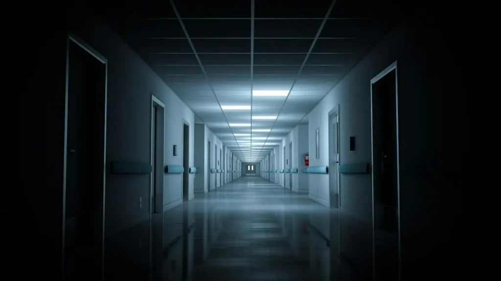 The image depicts a long, dimly lit corridor with evenly spaced doors, creating a sense of emptiness and mystery.