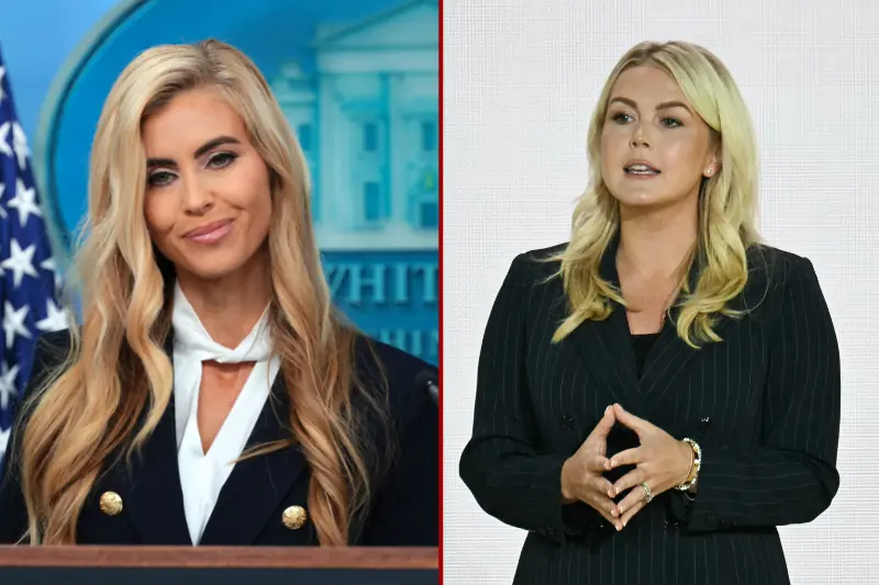 The image shows a woman in a black suit with a white blouse, standing at a podium with an American flag and the White House seal in the background, and another shot of her standing with her hands clasped in front of her.