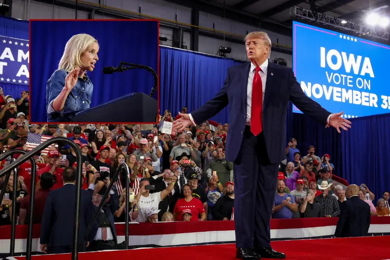 The image shows a political rally in Iowa with a large crowd and a prominent sign indicating the vote date.