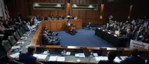 The image depicts a formal hearing or meeting in a large conference room, with individuals seated at a long table and others in the audience, suggesting a professional or governmental setting.