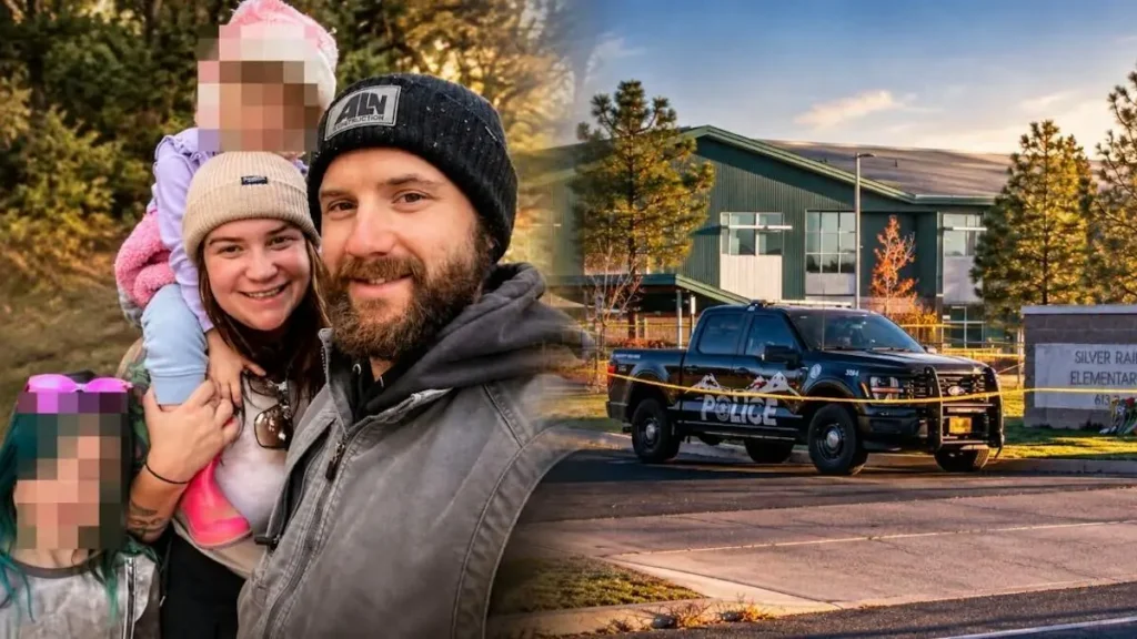 The image shows a family posing in front of a police vehicle and a school building, with one of the children's faces pixelated for privacy.