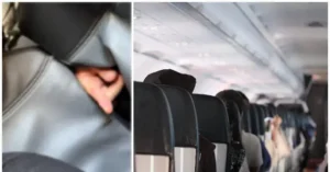The image shows a person sleeping on an airplane, with their head resting on the back of a seat, while other passengers are seated in the background.