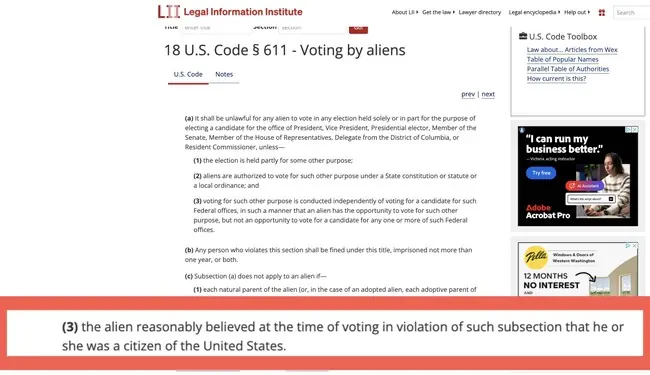 The image shows a legal excerpt from the U.S. Code, specifically Section 611, which addresses voting by aliens and includes a clause about the circumstances under which an alien might reasonably believe they are a U.S. citizen.