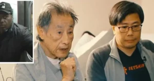 The image shows two individuals seated and engaged in a conversation, with a smaller inset image of a person in a black jacket and cap.