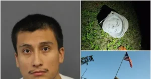 The news photo shows a mugshot of a man, a sculpture of a head on the ground, and an American flag against a clear sky.