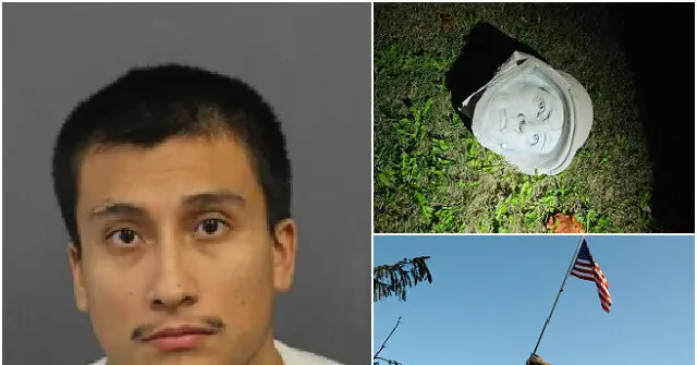 The news photo shows a mugshot of a man, a sculpture of a head on the ground, and an American flag against a clear sky.