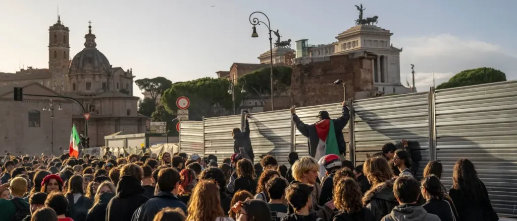 A large crowd gathers in a public space, with some individuals raising their arms, possibly in solidarity or protest, against a backdrop of historic architecture and a flag.