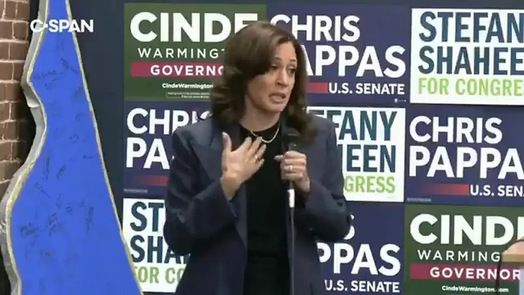 A woman speaks into a microphone at a campaign event, with signs for various candidates in the background.