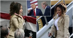 The image shows a woman in a patterned beige jacket standing on a staircase with an American flag in the background, while another inset image shows a man in a suit and tie speaking to another man.