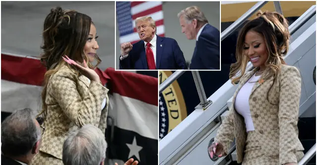 The image shows a woman in a patterned beige jacket standing on a staircase with an American flag in the background, while another inset image shows a man in a suit and tie speaking to another man.