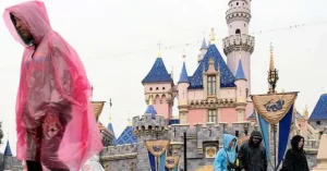 A person in a pink raincoat stands in front of a castle, with others in rain gear nearby, suggesting a rainy day at a theme park.