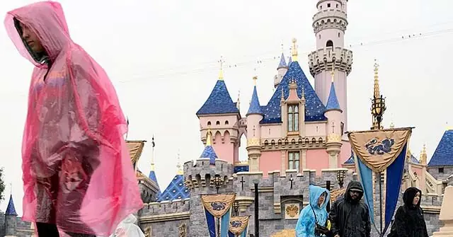 A person in a pink raincoat stands in front of a castle, with others in rain gear nearby, suggesting a rainy day at a theme park.