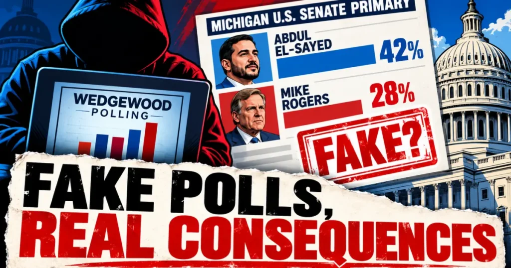 The image depicts a news story about fake polls in the Michigan U.S. Senate primary, questioning the authenticity of the results and their potential real-world consequences.
