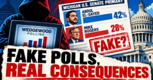 The image depicts a news story about fake polls in the Michigan U.S. Senate primary, questioning the authenticity of the results and their potential real-world consequences.