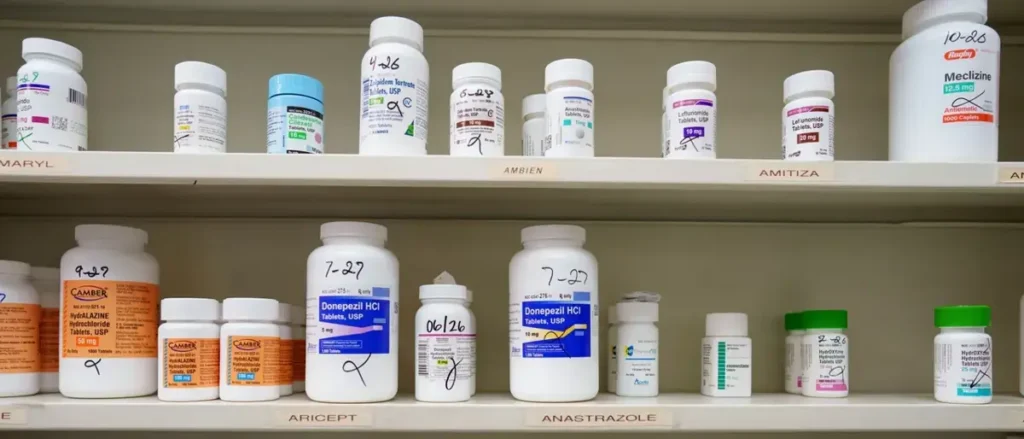 The image shows a pharmacy shelf stocked with various prescription medications, including Donepezil HCI, Leflunomide, and other drugs.