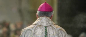 The image shows the back of a person wearing a white ornate vestment and a red mitre, likely a bishop, with a blurred crowd in the background.