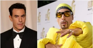 The image shows two individuals, one dressed in a formal black suit and the other in a vibrant yellow outfit with accessories, posing in different settings.