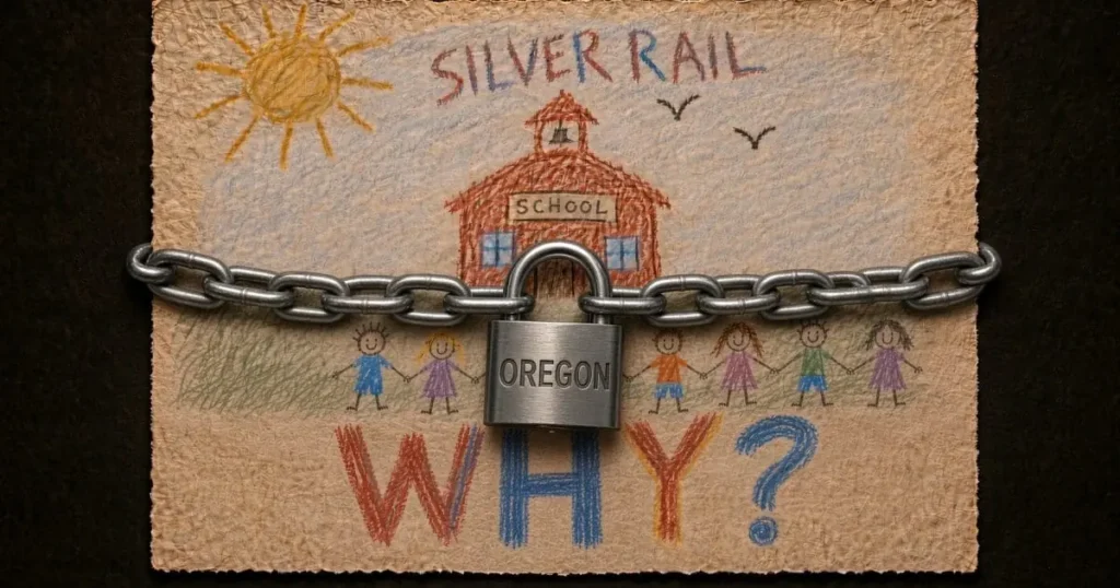 The image depicts a child's drawing of a school with a chain and padlock labeled "Oregon" and the word "WHY?" underneath, symbolizing concerns or restrictions related to the Silver Rail program in Oregon.