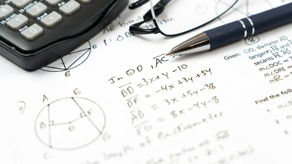 The image shows a math worksheet with geometric diagrams and algebraic equations, accompanied by a calculator, pen, and glasses, suggesting a study or problem-solving scenario.