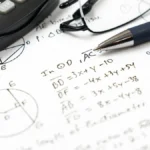 The image shows a math worksheet with geometric diagrams and algebraic equations, accompanied by a calculator, pen, and glasses, suggesting a study or problem-solving scenario.