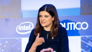 A woman is speaking at a POLITICO event, with an Intel logo visible in the background.