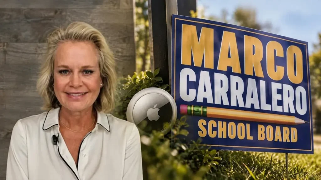 The image shows a person standing next to a campaign sign for "Marco Carralero School Board."